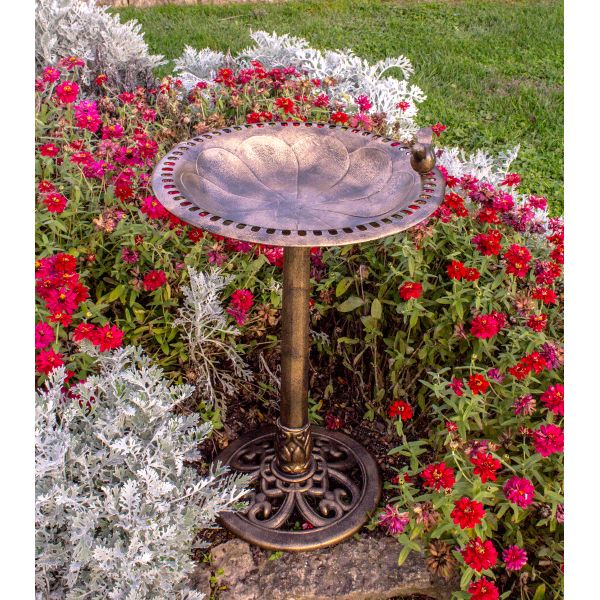 Bronze Plastic Resin Bird Bath With Bird Ornament - Image 4